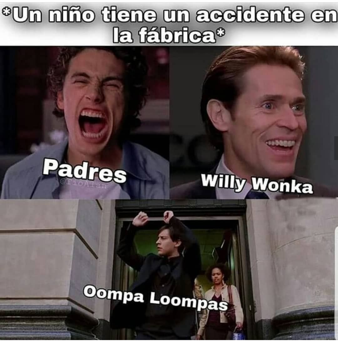 *Un niño tiene un accidente en la fábrica*  Padres. Willy Wonka. Oompa Loompas.