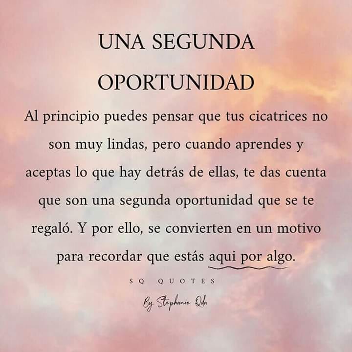 Una segunda oportunidad. Al principio puedes pensar que tus cicatrices no son muy lindas, pero cuando aprendes y aceptas lo que hay detrás de ellas, te das cuenta que son una segunda oportunidad que se te regaló. Y por ello, se convierten en un motivo para recordar que estás aqui por algo.