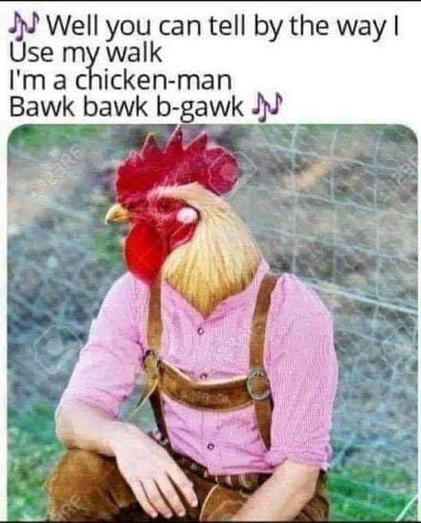 Well you can tell by the way I use my walk. I'm chicken-man. Bawk bawk b-gawk.