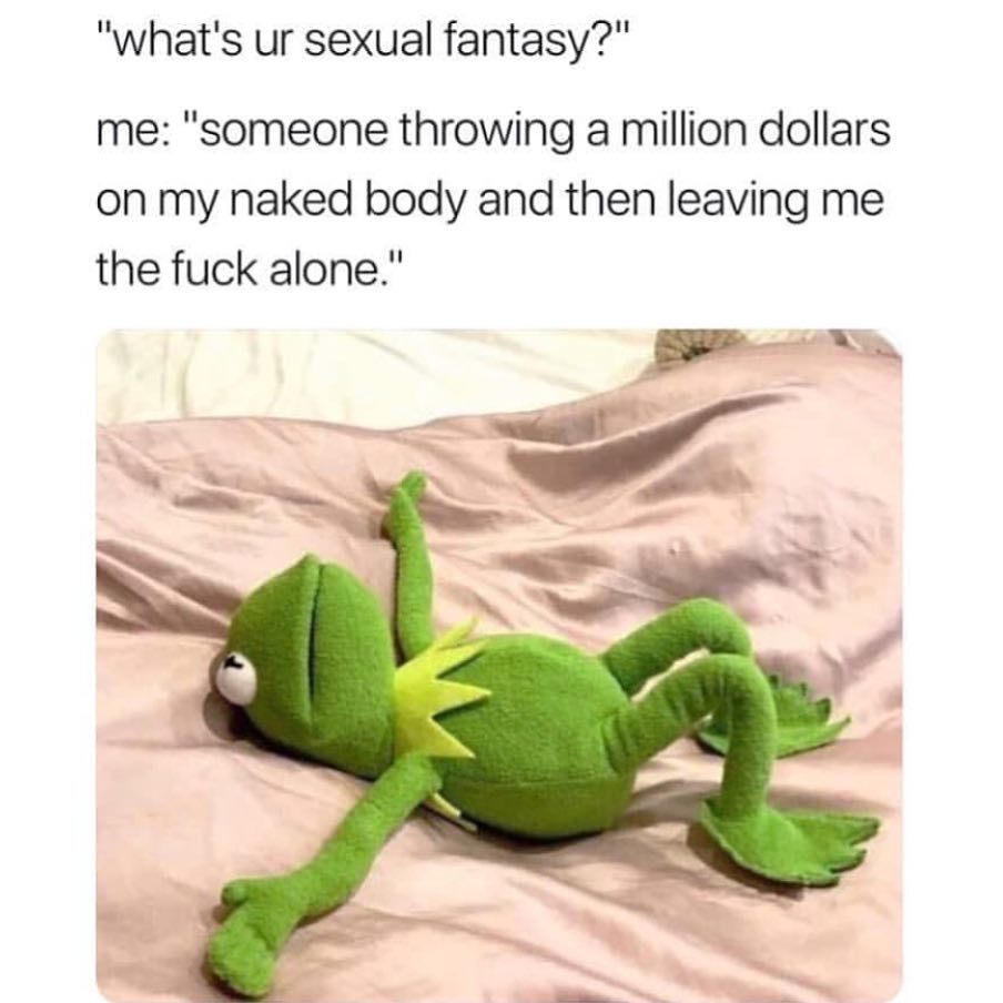 "What's ur sexual fantasy?"  Me: "Someone throwing a million dollars on my naked body and then leaving me the fuck alone."