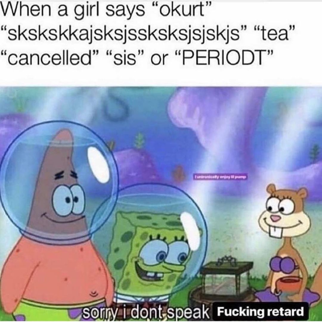 When a girl says "okurt" "skskskkajsksjssksksjsjskjs" "tea" "cancelled" "sis" or "Periodt" Sorry I don't speak Fucking retard.
