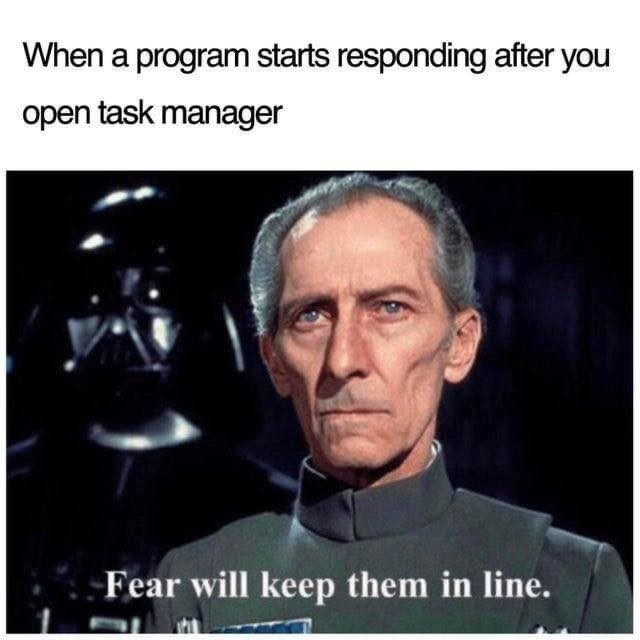 When a program starts responding after you open task manager. Fear will keep them in line.