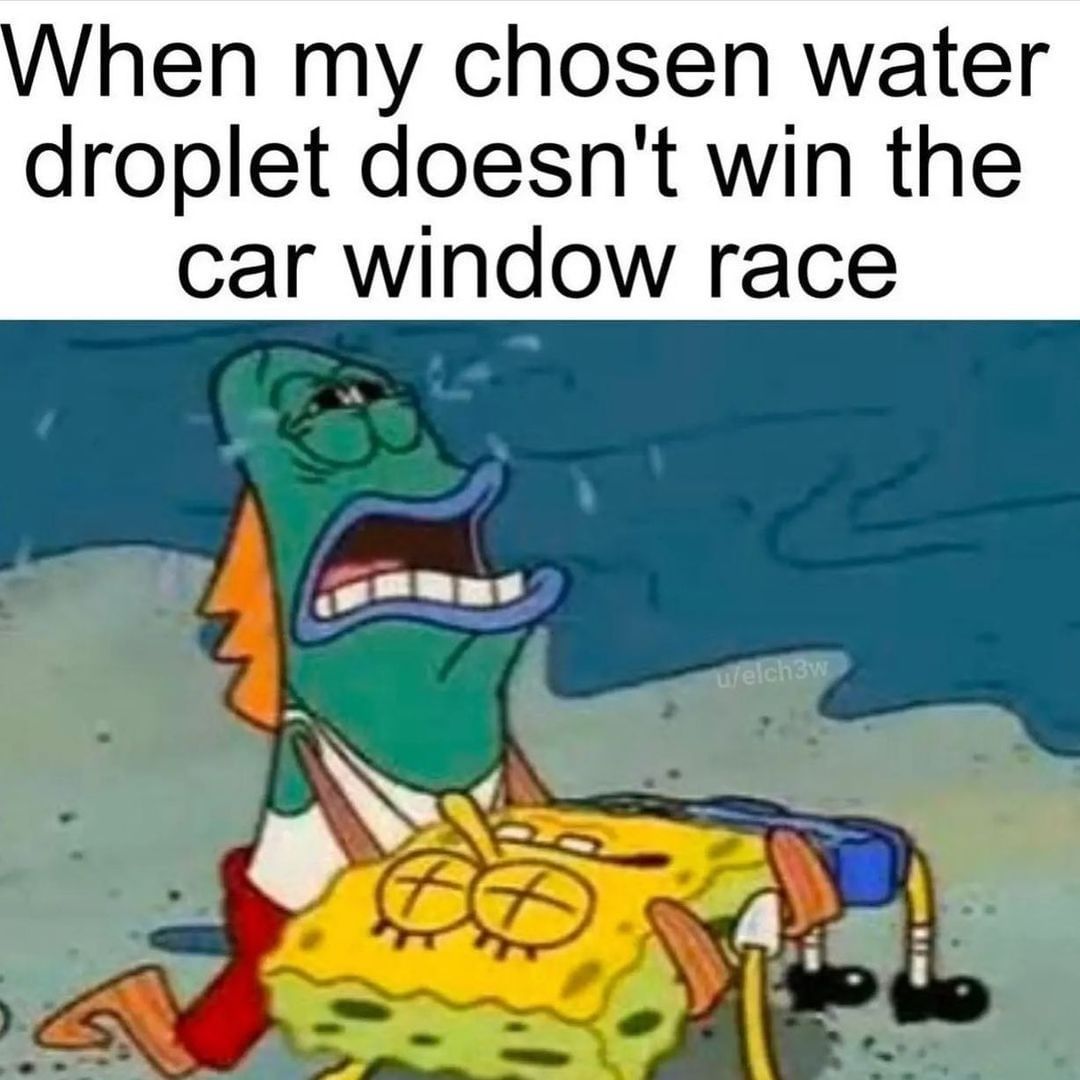 When my chosen water droplet doesn't win the car window race. - Funny