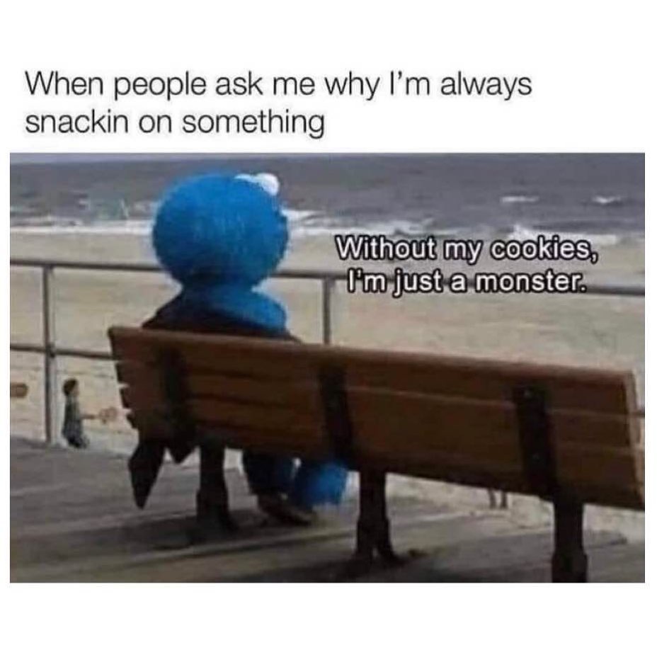 When people ask me why I'm always snackin on something. Without my cookies, I'm just a monster.