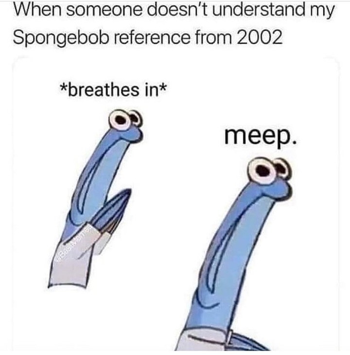When someone doesn't understand my Spongebob reference from 2002.Breathes in. Meep.
