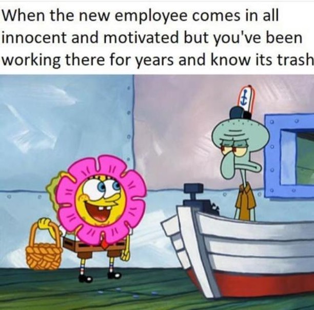 When the new employee comes in all innocent and motivated but you've been working there for years and know its trash.