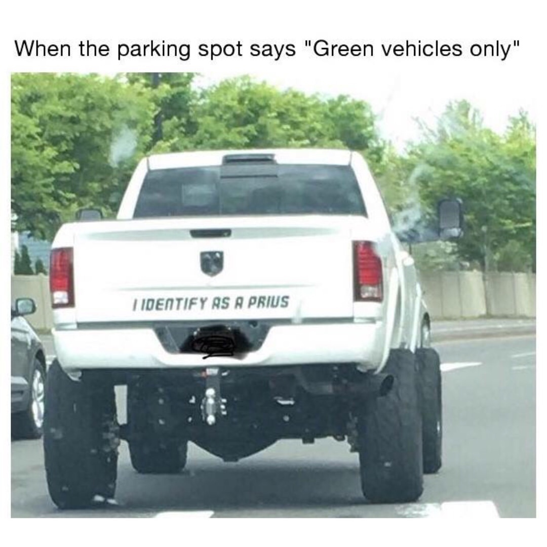 When the parking spot says "Green vehicles only". I identify as a prius.