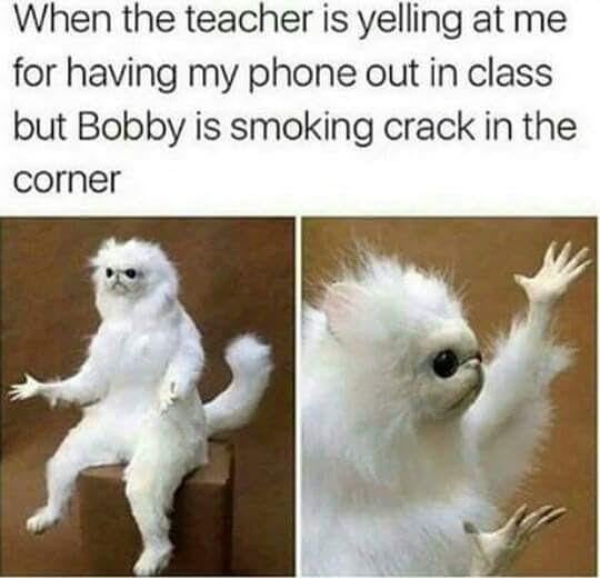 When the teacher is yelling at me for having my phone out in class but Bobby is smoking crack in the corner.