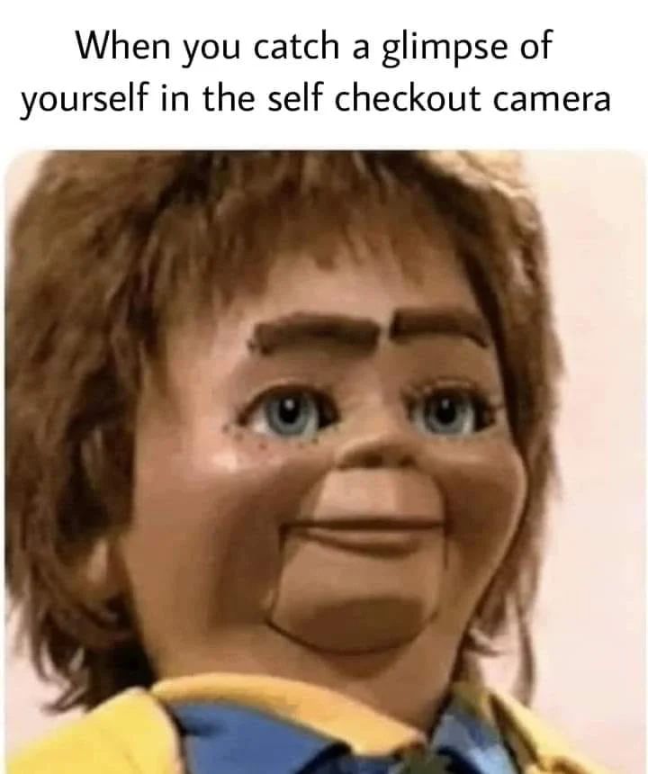 When you catch a glimpse of yourself in the self checkout camera.