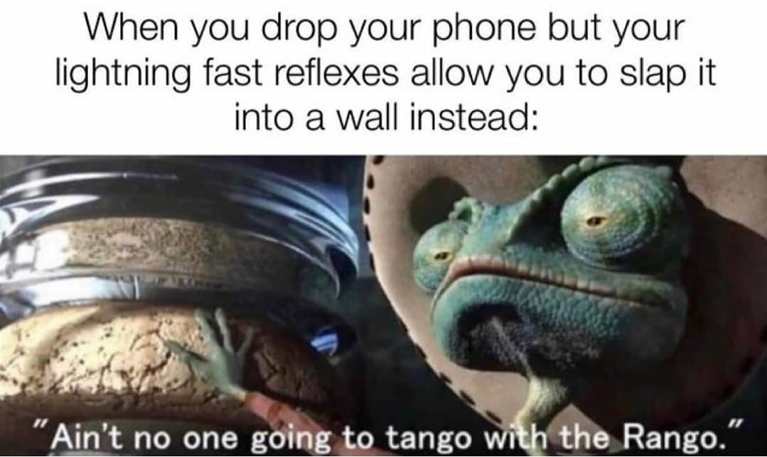 When you drop your phone but your lightning fast reflexes allow you to slap it into a wall instead:  "Ain't no one going to tango with the Rango."