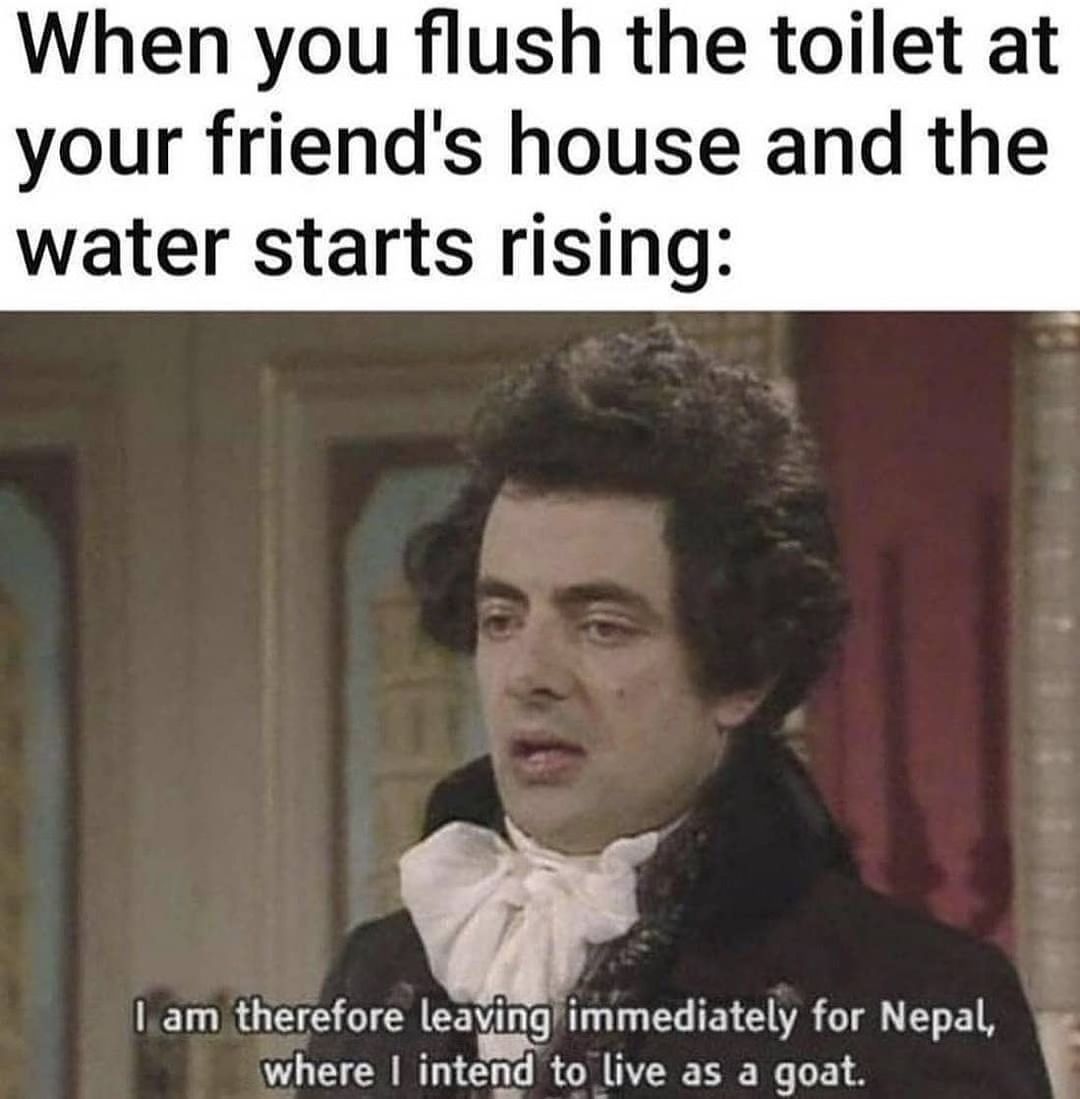 When you flush the toilet at your friend's house and the water starts rising: I'm therefore leaving immediately for Nepal, where I intend to live as a goat.