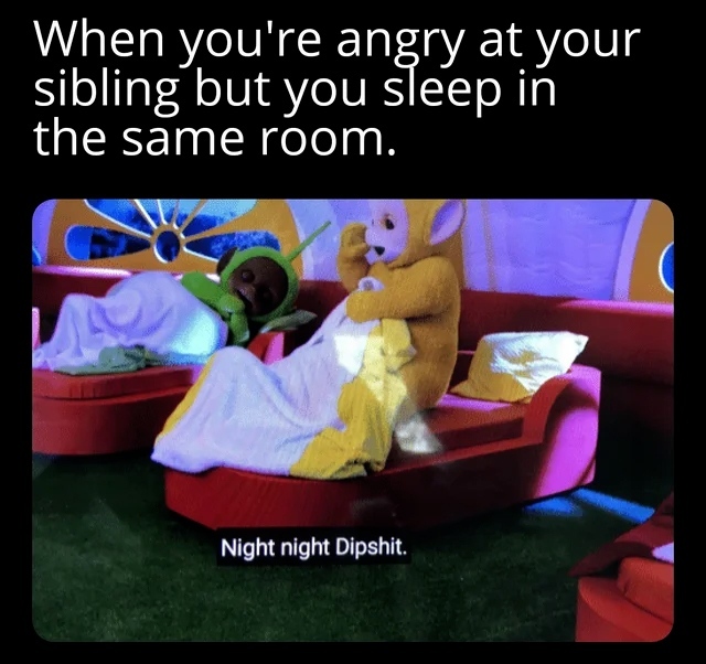 When you're angry at your sibling but you sleep in the same room. Night night Dipshit.