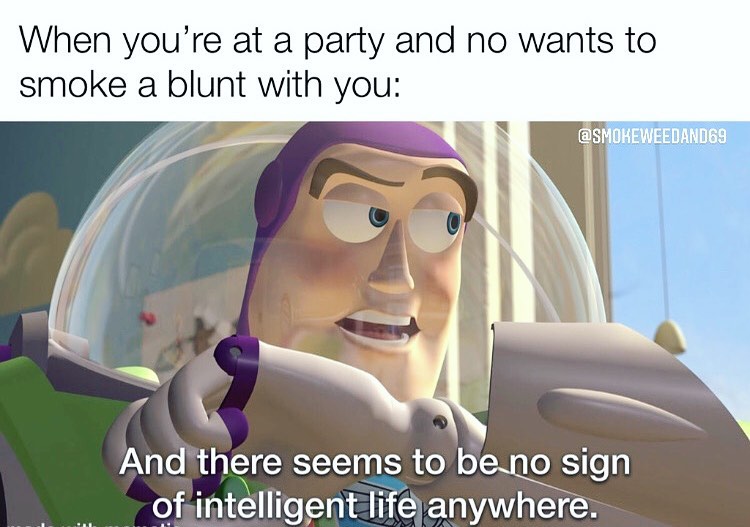 When you're at a party and no wants to smoke a blunt with you: And there seems to be no sign of intelligent life anywhere.