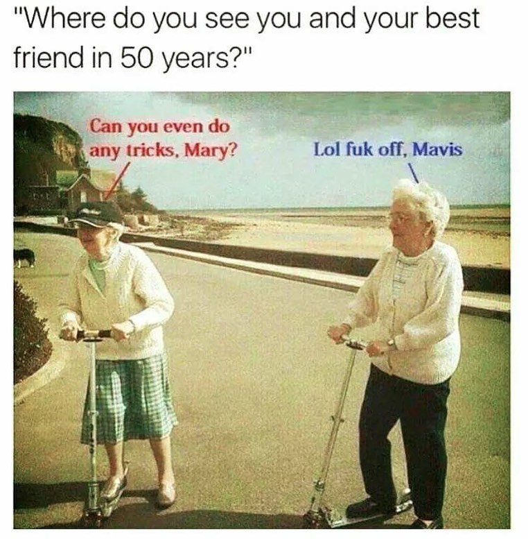 "Where do you see you and your best friend in 50 years?"  Can you even do any tricks, Mary? Lol fuk off, Mavis.