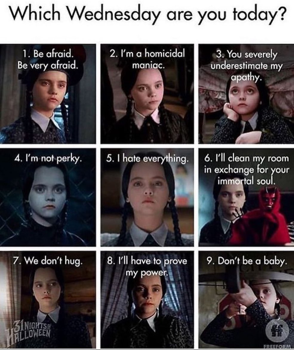 Which Wednesday are you today? 1. Be afraid. Be very afraid. 2. I'm a homicidal maniac. 3. You severely underestimate my apathy. 4. I'm not perky. 5. I hate everything. 6. I'll clean my room in exchange for your imortal soul. 7. We don't hug.  8. I'll have to prove my power. 9. Don't be a baby.