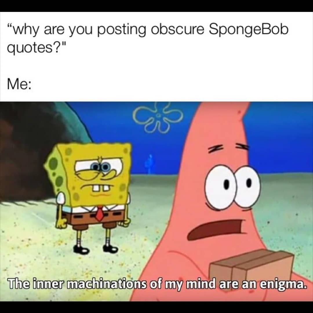 Why are you posting obscure SpongeBob quotes? Me: The inner machinations of my mind are an enigma.
