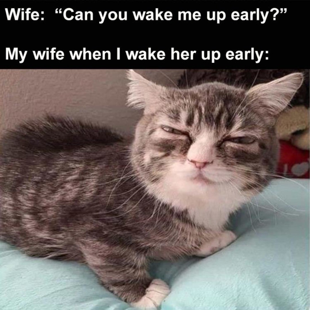Wife: "Can you wake me up early?"  My wife when I wake her up early: