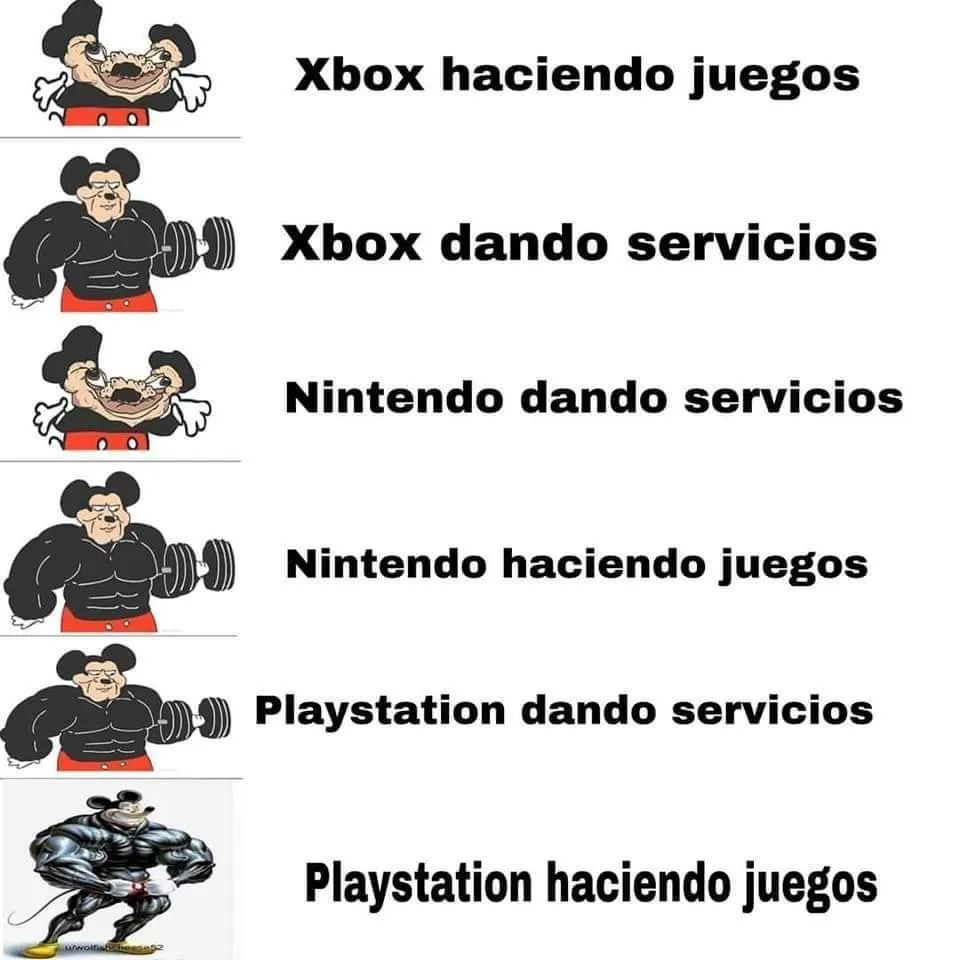 Xbox haciendo juegos. Xbox dando servicios. Nintendo dando servicios. Nintendo haciendo juegos. Playstation dando servicios. Playstation haciendo juegos.