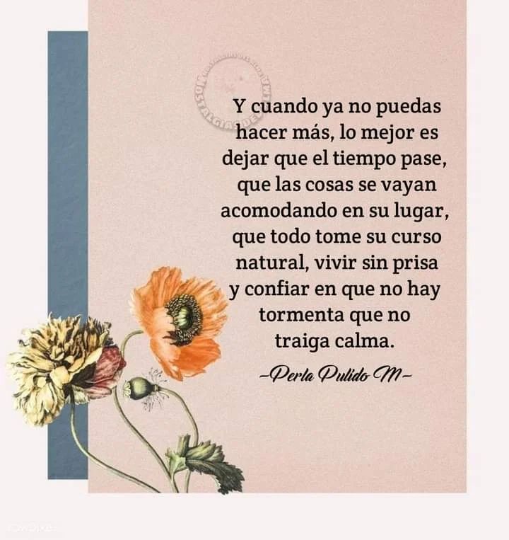 Y cuando ya no puedas hacer más, lo mejor es dejar que el tiempo pase, que las cosas se vayan acomodando en su lugar, que todo tome su curso natural, vivir sin prisa y confiar en que no hay tormenta que no traiga calma.