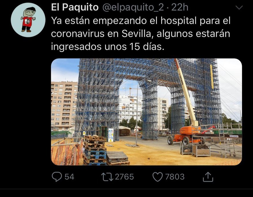 Ya están empezando el hospital para el coronavirus en Sevilla, algunos estarán ingresados unos 15 días.
