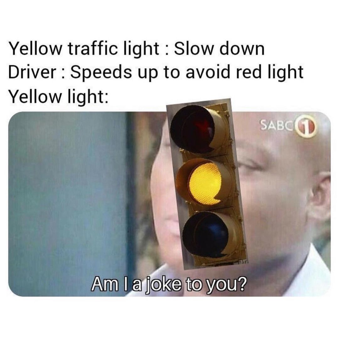 Yellow traffic light: Slow down Driver: Speeds up to avoid red light. Yellow light: Am I a joke to you?