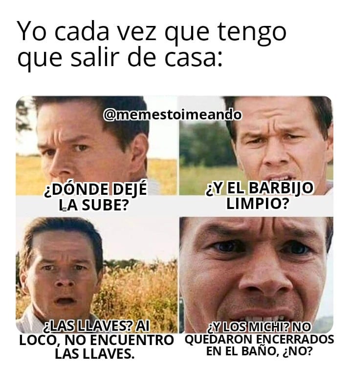 Yo cada vez que tengo que salir de casa: ¿Dónde dejé la sube? ¿Las llaves? Al loco, no encuentro las llaves. ¿Y el barbijo limpio? ¿y los michi? no quedaron encerrados en el baño, ¿no?