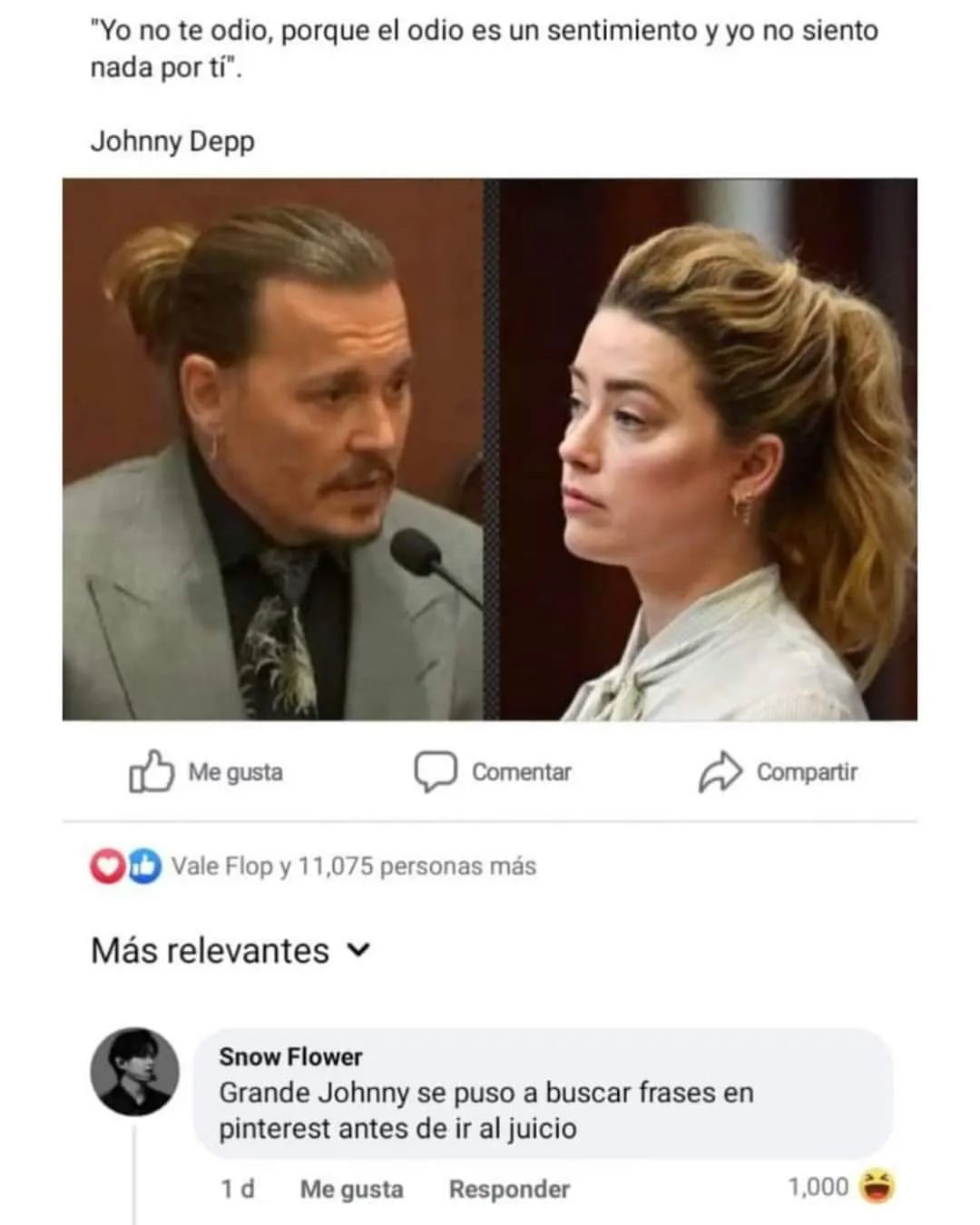 "Yo no te odio, porque el odio es un sentimiento y yo no siento nada por tí". Johnny Depp. Johnny se puso a buscar frases en pinterest antes de ir al juicio.