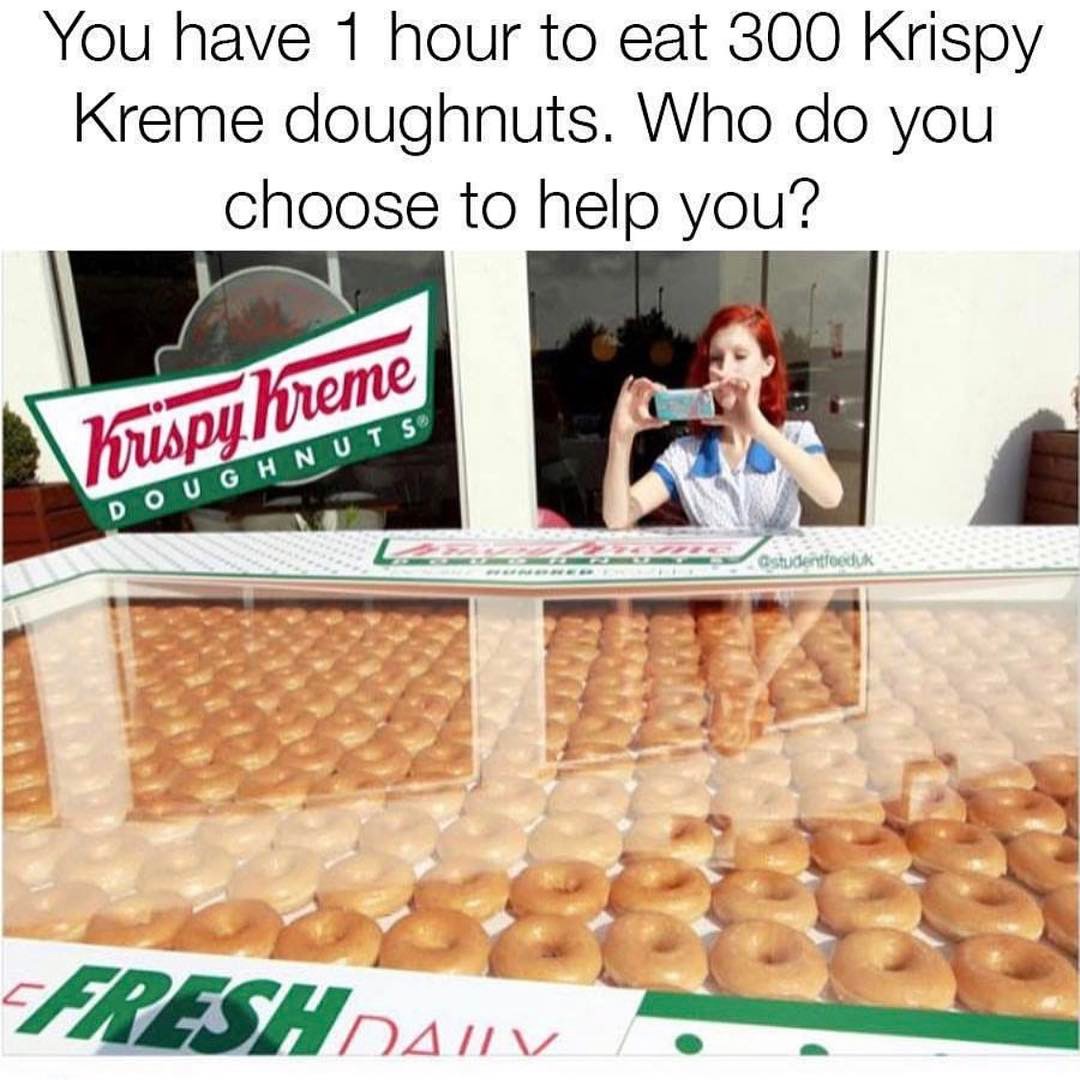 You have 1 hour to eat 300 Krispy Kreme doughnuts. Who do you choose to help you?