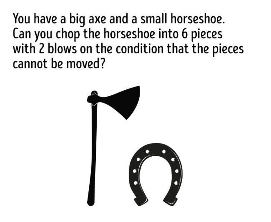 You have a big axe and a small horseshoe. Can you chop the horseshoe into 6 pieces with 2 blows on the condition that the pieces cannot be moved?