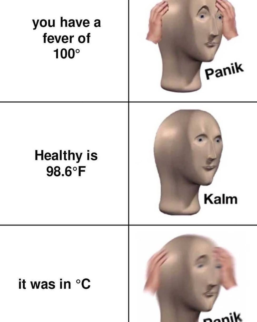 You have a fever of 100°. Panik  Healthy is 98.6°. Kalm.  It was in °C. Panik.