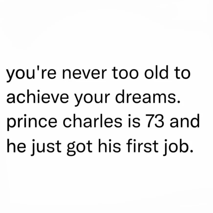 You're never too old to achieve your dreams. Prince Charles is 73 and he just got his first job.