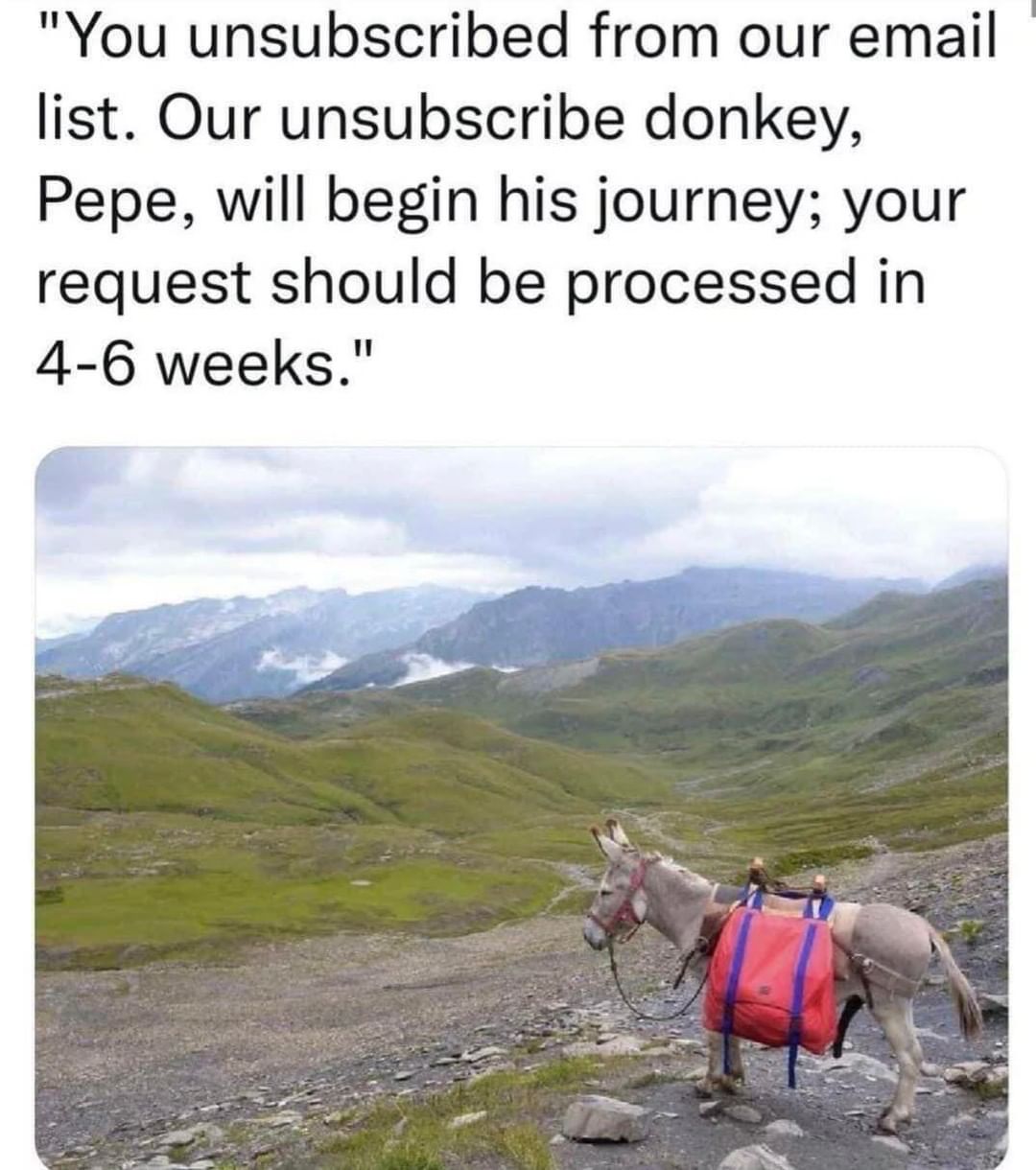 You unsubscribed from our email list. Our unsubscribe donkey, Pepe, will begin his journey; your request should be processed in 4-6 weeks.