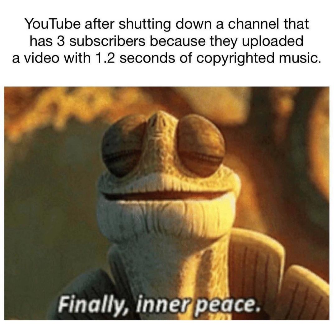 YouTube after shutting down a channel that has 3 subscribers because they uploaded a video with 1.2 seconds of copyrighted music. Finally, inner peace.